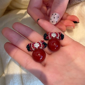 French retro red pearl bow earrings with deep red globe pendants and silver needles