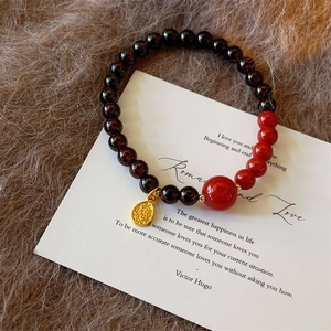 Beaded Bracelet With Garnet And Agate Beads Gold Plated Good Fortune Fu Pendant Vintage Chinese Style For Women