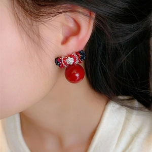 Elegant red bow beaded earrings with large round pearl drops for festive occasions