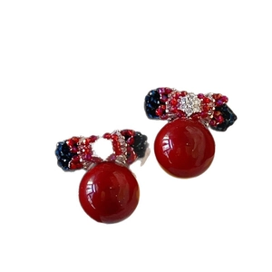Elegant red pearl bow earrings with handcrafted crystals and 925 silver needles