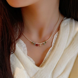 Delicate silver chain necklace with colorful Czech beads and mixed natural stone pendants