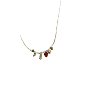 Vintage style necklace with colorful Czech glass and natural stone pendants on a silver chain