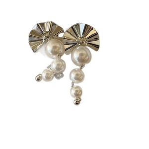 Elegant silver fan earrings with crystal accents and white pearl tassels on white background