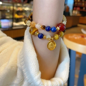 Gemstone Beaded Bracelet Double Layer Tiger Eye Kyanite Agate Round Beads Golden Coin Pendant Retro Ethnic Jewelry Women