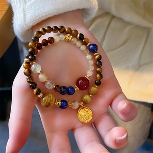 Ethnic double-layer beaded bracelet with tiger eye stone and vintage gold charm