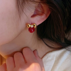 Red Bead Bow Stud Earrings With 925 Sterling Silver Earring Post Festive Elegant Alloy Artificial Pearl Jewelry For Women