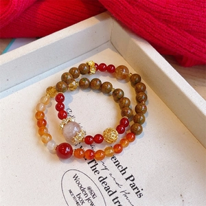 Ethnic style double-layer beaded bracelet set with red agate and engraved gold charms