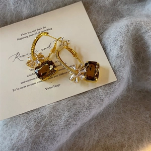 French romantic zircon flower and amber crystal drop earrings in gold finish