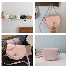 Detailed multi-angle view of semi-circle crossbody bags in five stylish pastel colors