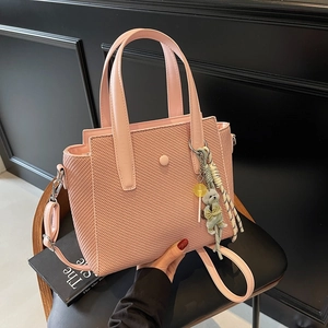 Woven Texture PU Leather Tote Handbag With Bear Pendant Large Capacity Crossbody Bag For Women Daily Commute Stylish