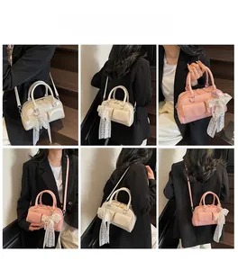 Collage of retro bowling bag with lace bow and pearl pendant showing various carry styles
