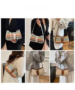 Detailed views of handmade straw shoulder bag featuring rainbow stripes and leather straps