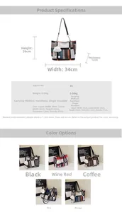 Detailed chart showing PU tote bag dimensions, color options, and metal chain strap features