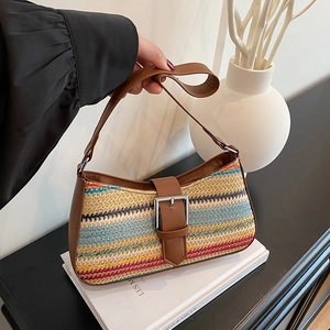 Sac À Épaule Tissé En Paille À Rayures Colorées Garniture En Cuir PU Sac Baguette Sous Les Bras Vacances À La Plage Été Pour Femmes