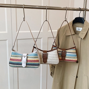 Lot de sacs à main en paille tressée arc-en-ciel et beige avec garniture en cuir