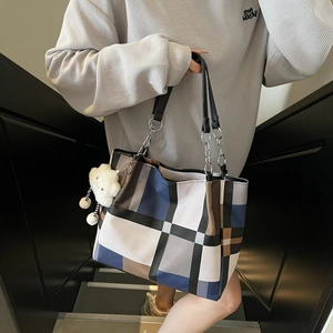 Large plaid tote bag with color-block patterns and a cute plush sheep pendant accessory