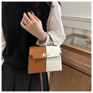 Detail of two-tone brown and white leather handbag with elegant gold square buckle lock