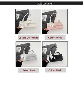 Four colors of square shoulder bags with silk scarf handles in off-white, pink, grey and black