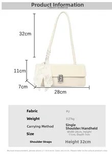 Detailed size chart for beige PU leather shoulder bag with 28x11x7cm dimensions
