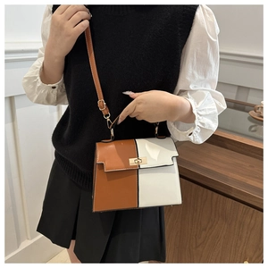 Detail of color-block Kelly bag with metal twist lock and brown shoulder strap