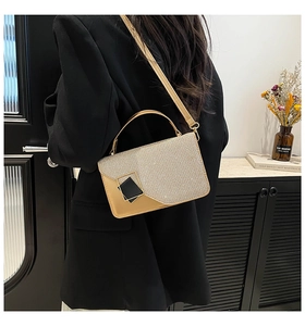 Detail of silver sequin crossbody bag with gold-edged buckle and beige leather trim