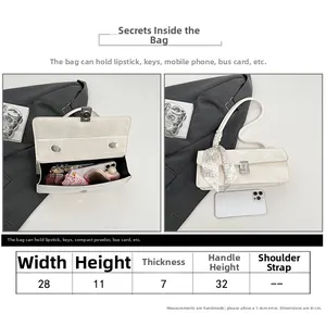 Size chart showing beige baguette bag dimensions 28x11x7cm with silk scarf handle