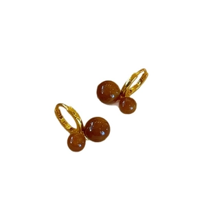 Maillard tiger eye bead earrings with golden hoops and dual brown round stones