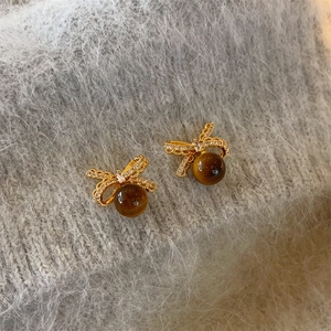 Boucles D'Oreilles Nœud Avec Oeil De Tigre Zircon Micro Incrusté Alliage Plaqué Or Et Tige En Argent Sterling 925