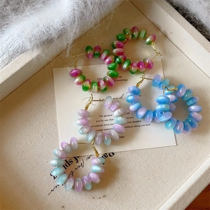 Beaded Hoop Earrings Sweet Gradient Macaron Color Big Circle Alloy Resin With 925 Sterling Silver Earring Post For Women