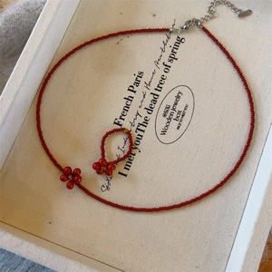 Red Beaded Jewelry Set With Flower Pendant Imported Czech Beads Titanium Steel Clasp Retro French Style For Women
