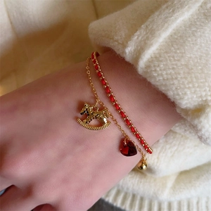 New Year red heart and rocking horse charm double-layer woven bracelet for women