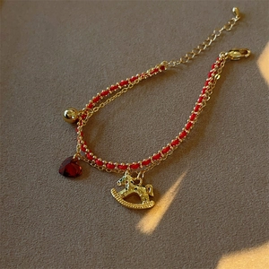 Red cord double-layer bracelet with golden horse and heart pendants for Chinese New Year
