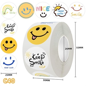 Detailed size specifications for 25mm cartoon smile reward stickers in a roll