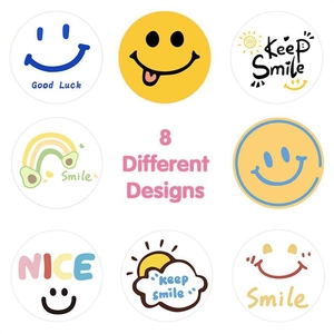 Detail view of 8 different designs of cute cartoon stickers with rainbow and smile faces