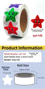 Detailed sizing chart showing 2.5cm star stickers with 500 pieces per roll