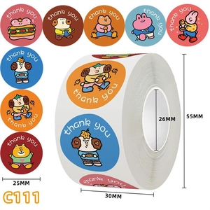 Detail of cute animal thank you stickers showing roll dimensions and cartoon bear patterns