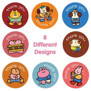 Detail showing 8 colorful cartoon bear and animal designs for thank you sticker rolls