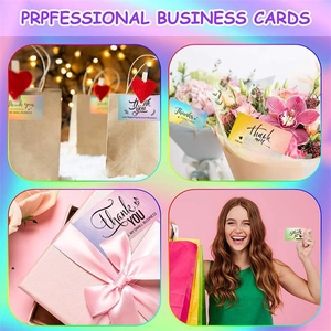 Detailed holographic thank you business cards shown in various gift packaging scenarios