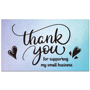 Detail of holographic thank you card featuring blue-purple gradient and heart icons