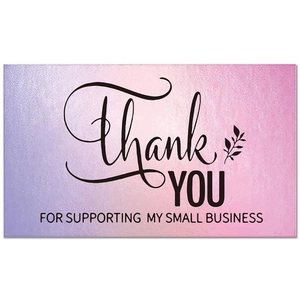 Detail of holographic thank you card with purple gradient for small business packaging