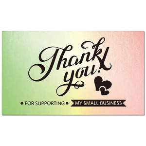 Detail of gradient holographic card with Thank you for supporting my small business text