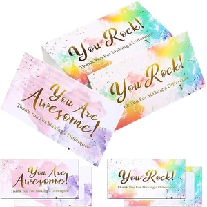 Close-up of vibrant watercolor reward cards featuring You Rock and You Are Awesome text