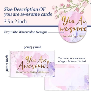 Detail of 9x5cm reward cards for kids with You Are Awesome text and watercolor flowers