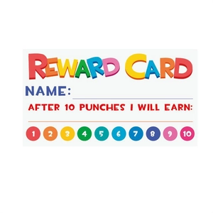 Detail showing kid reward card with name field and 10 colorful progress tracking circles