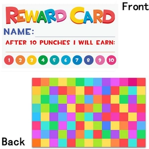 Detailed front and back view of kids reward punch cards for positive behavior