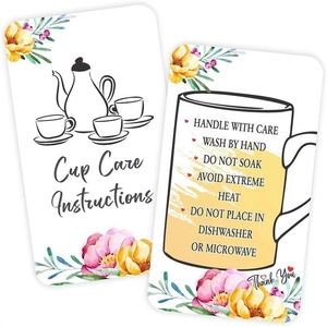 Detailansicht der Cup Care-Anleitungskarten mit floralem Design und abgerundeten Ecken für Gläser
