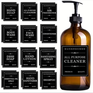 Close-up of waterproof black labels on amber glass soap dispenser bottle for home organization