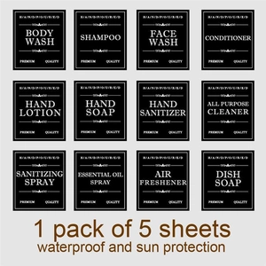 Set of 12 waterproof black bottle labels for shampoo and body wash organized in a grid
