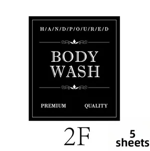 Detail of waterproof body wash label sticker in black and white minimalist style