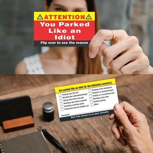 Detailed view of double-sided funny bad parking cards with multiple reason checkboxes